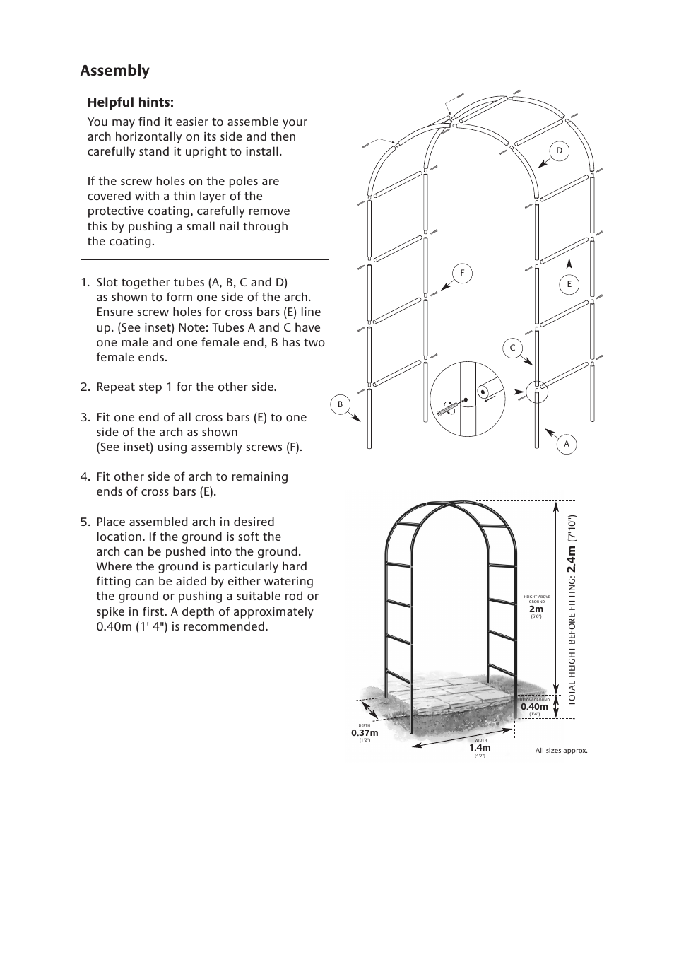 Assembly, Helpful hints | Gardman Easy Arch User Manual | Page 2 / 2