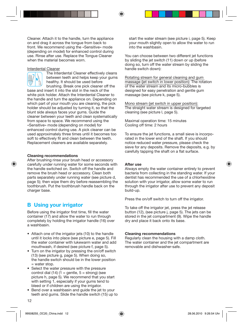 B using your irrigator | Braun OXYJET+ 3000 User Manual | Page 11 / 12