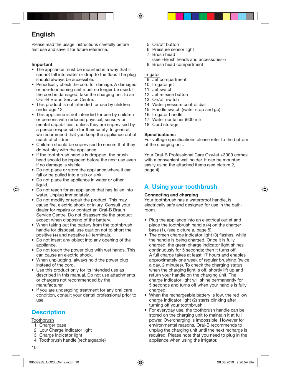 English, Description, A using your toothbrush | Braun OXYJET+ 3000 User Manual | Page 9 / 12