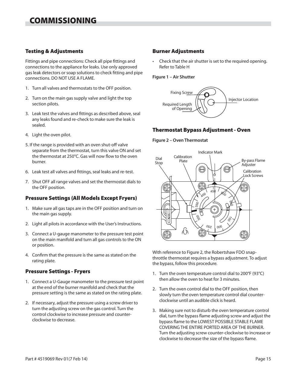 Commissioning, Testing & adjustments, Pressure settings (all models except fryers) | Pressure settings - fryers, Burner adjustments, Thermostat bypass adjustment - oven | Garland MASTER SERIES HEAVY DUTY RANGES, FRYERS & BROILERS User Manual | Page 15 / 34