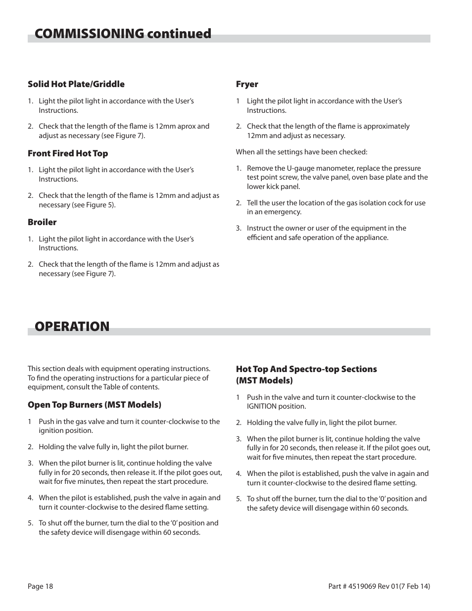 Commissioning continued, Operation | Garland MASTER SERIES HEAVY DUTY RANGES, FRYERS & BROILERS User Manual | Page 18 / 34