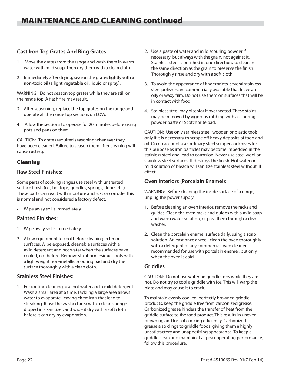 Maintenance and cleaning continued | Garland MASTER SERIES HEAVY DUTY RANGES, FRYERS & BROILERS User Manual | Page 22 / 34