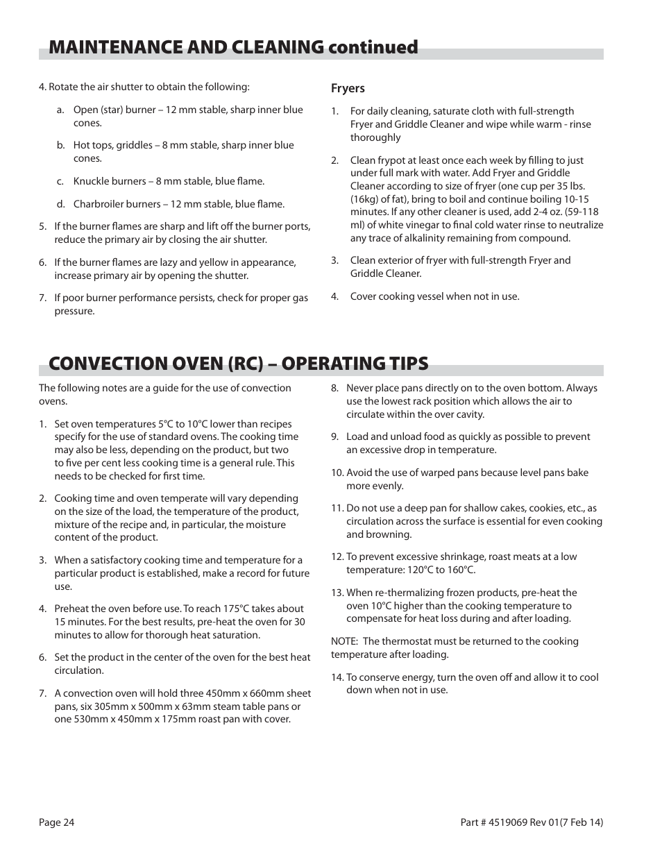 Convection oven (rc) – operating tips, Maintenance and cleaning continued | Garland MASTER SERIES HEAVY DUTY RANGES, FRYERS & BROILERS User Manual | Page 24 / 34