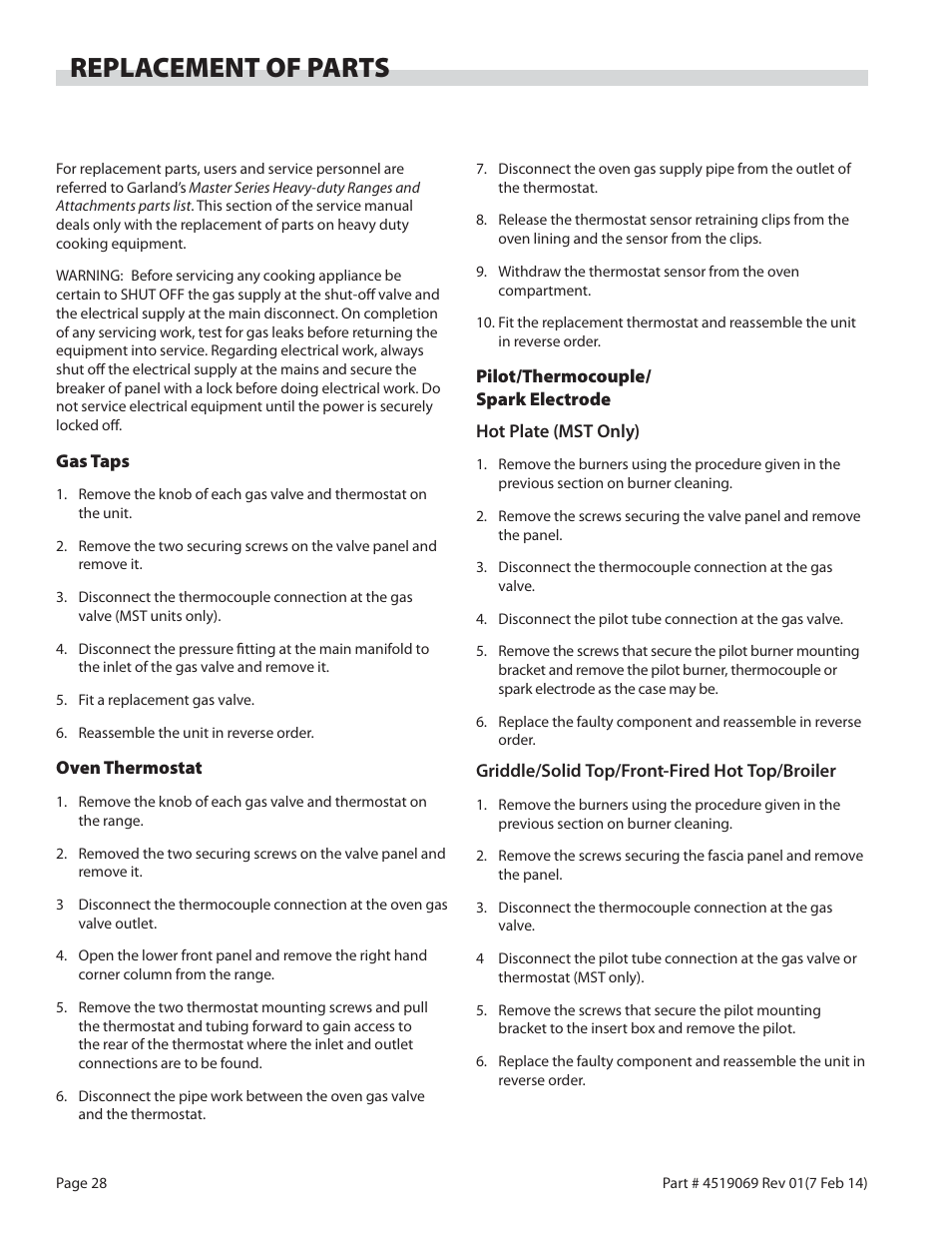 Replacement of parts | Garland MASTER SERIES HEAVY DUTY RANGES, FRYERS & BROILERS User Manual | Page 28 / 34