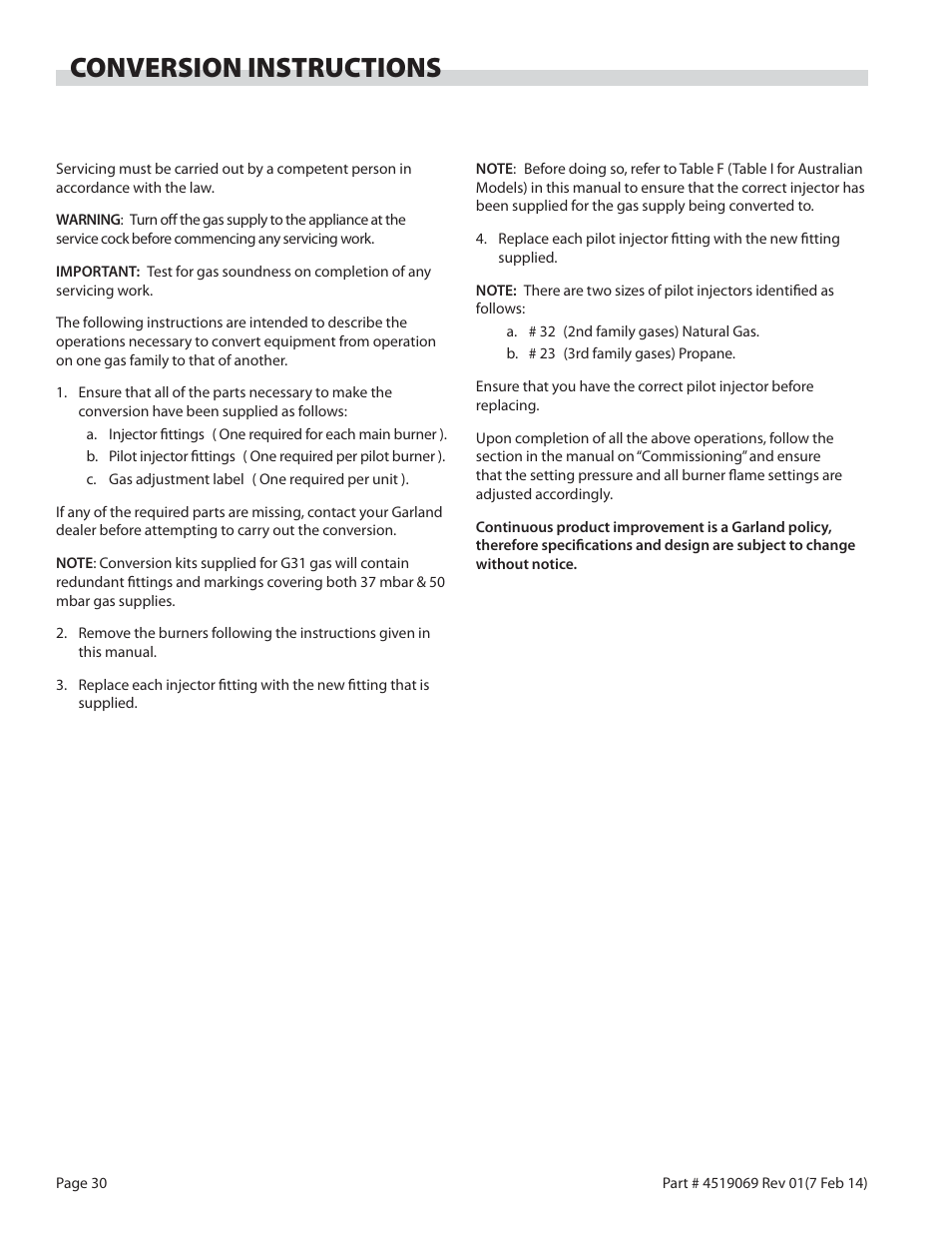 Conversion instructions | Garland MASTER SERIES HEAVY DUTY RANGES, FRYERS & BROILERS User Manual | Page 30 / 34