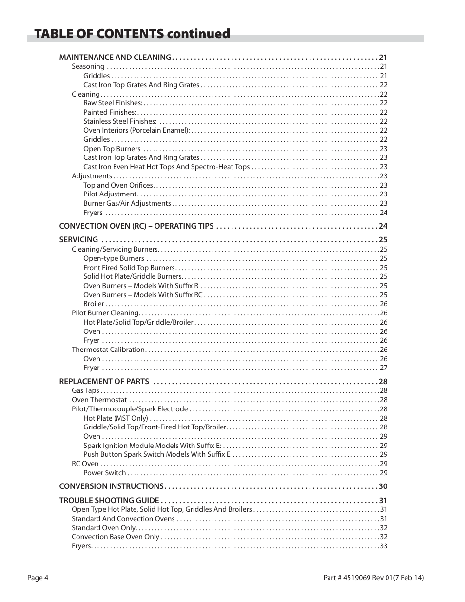 Table of contents continued | Garland MASTER SERIES HEAVY DUTY RANGES, FRYERS & BROILERS User Manual | Page 4 / 34