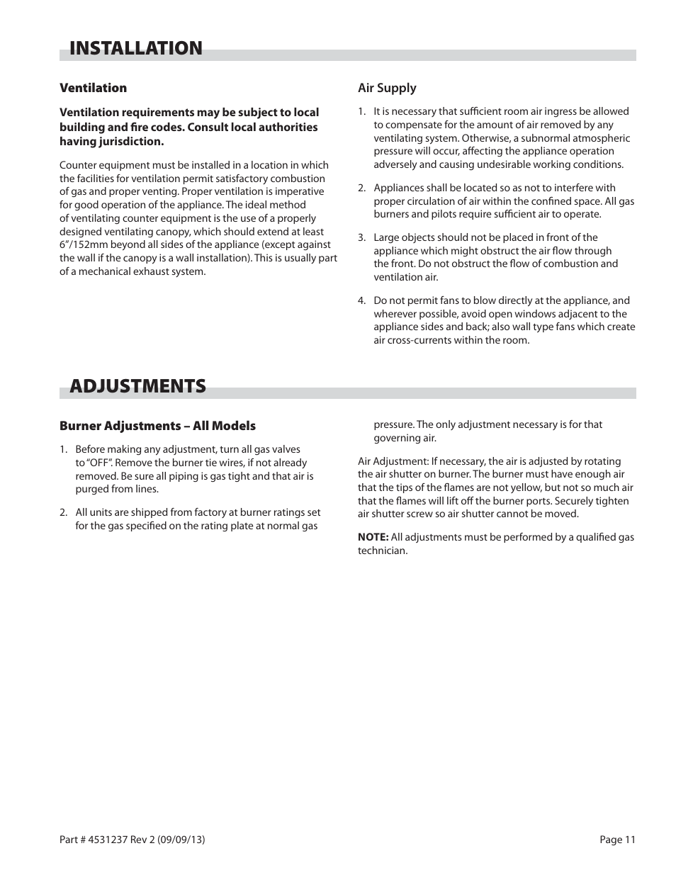 Installation, Adjustments | Garland GT SERIES HEAVY DUTY GAS COUNTER EQUIPMENT User Manual | Page 11 / 48