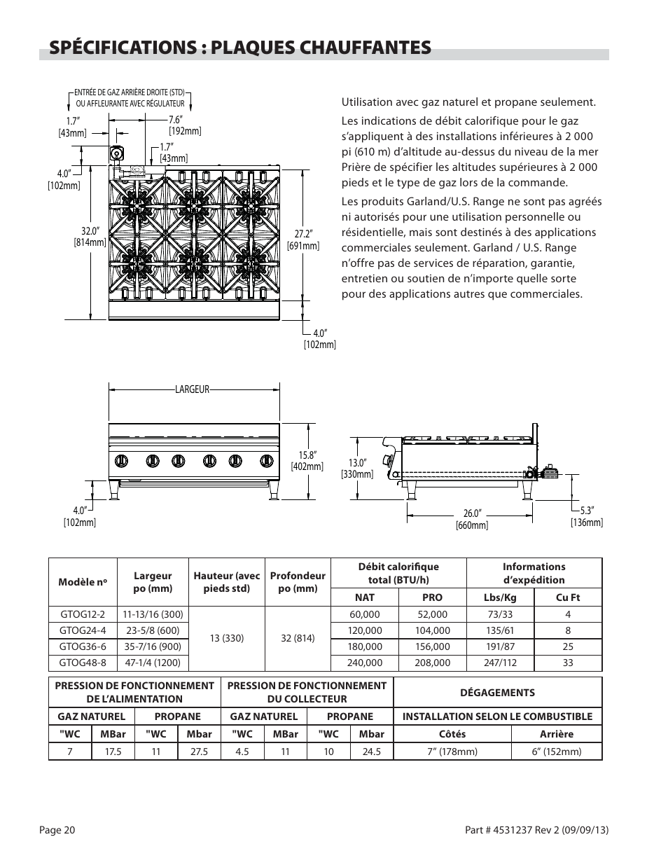 Spécifications : plaques chauffantes | Garland GT SERIES HEAVY DUTY GAS COUNTER EQUIPMENT User Manual | Page 20 / 48