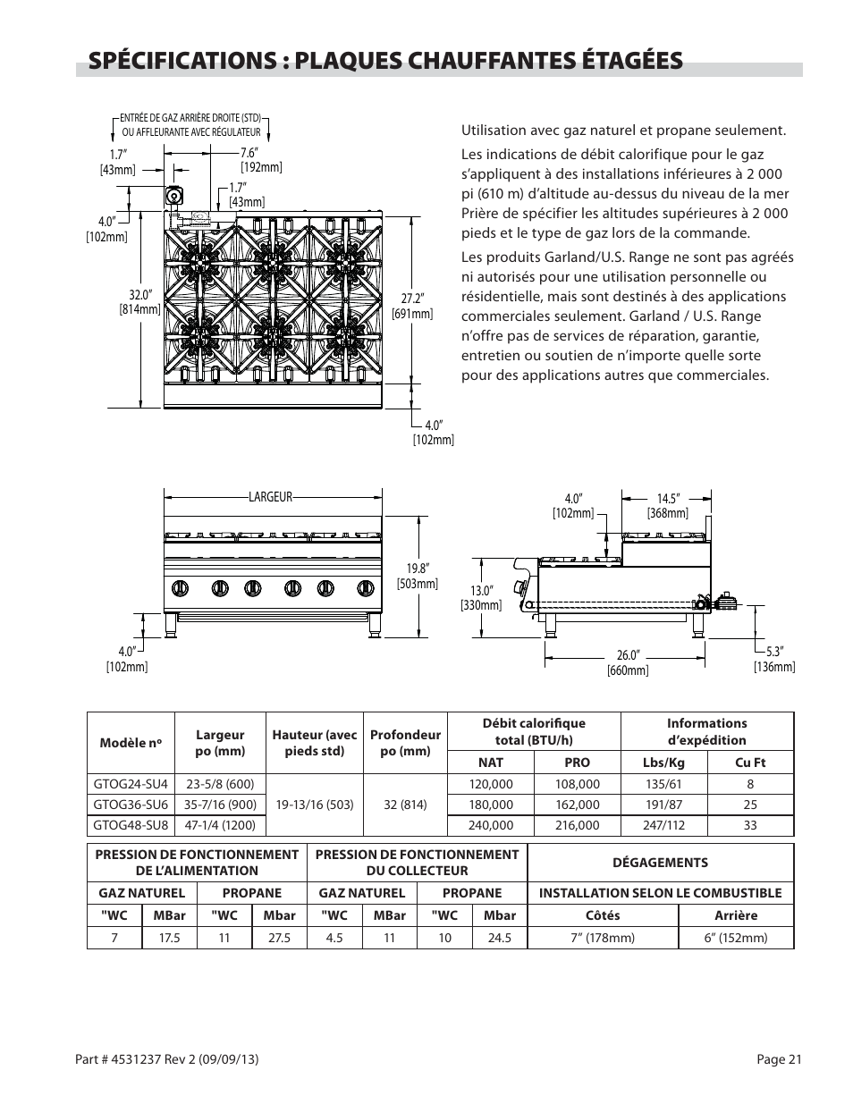 Spécifications : plaques chauffantes étagées | Garland GT SERIES HEAVY DUTY GAS COUNTER EQUIPMENT User Manual | Page 21 / 48