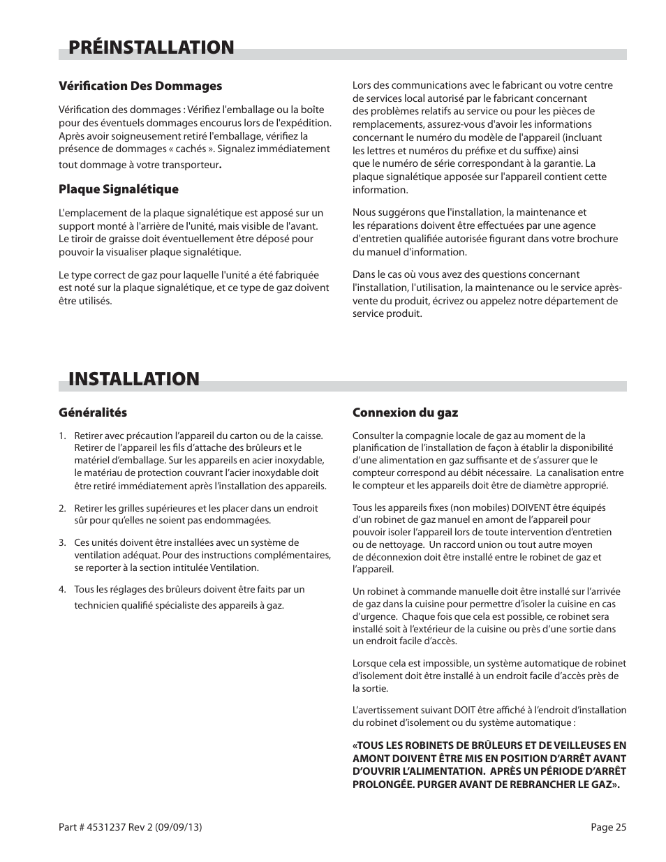 Préinstallation installation | Garland GT SERIES HEAVY DUTY GAS COUNTER EQUIPMENT User Manual | Page 25 / 48