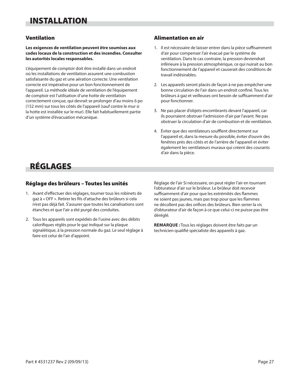 Installation, Réglages | Garland GT SERIES HEAVY DUTY GAS COUNTER EQUIPMENT User Manual | Page 27 / 48