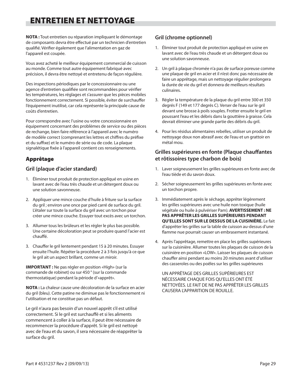 Entretien et nettoyage | Garland GT SERIES HEAVY DUTY GAS COUNTER EQUIPMENT User Manual | Page 29 / 48