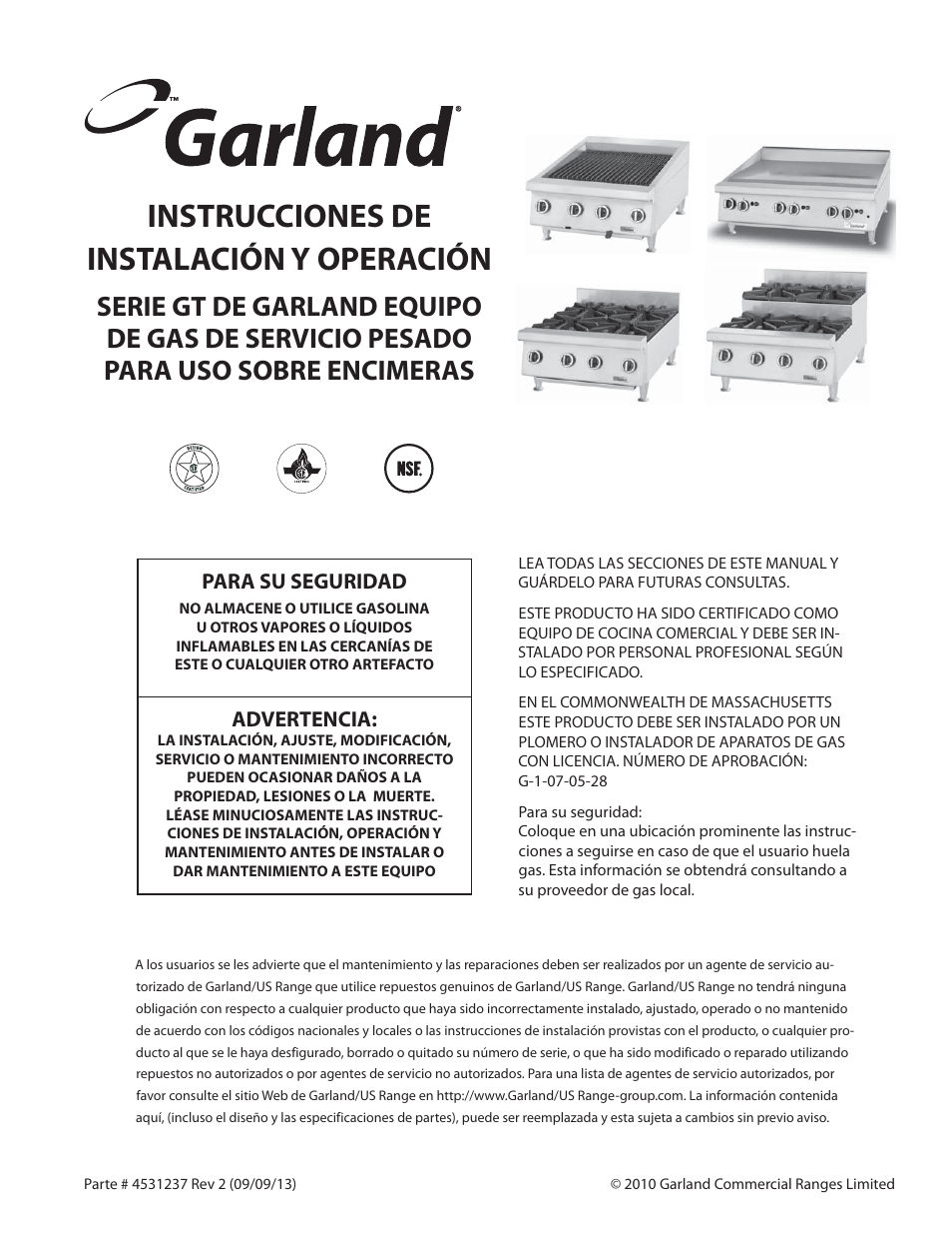 Instrucciones de instalación y operación, Para su seguridad, Advertencia | Garland GT SERIES HEAVY DUTY GAS COUNTER EQUIPMENT User Manual | Page 33 / 48