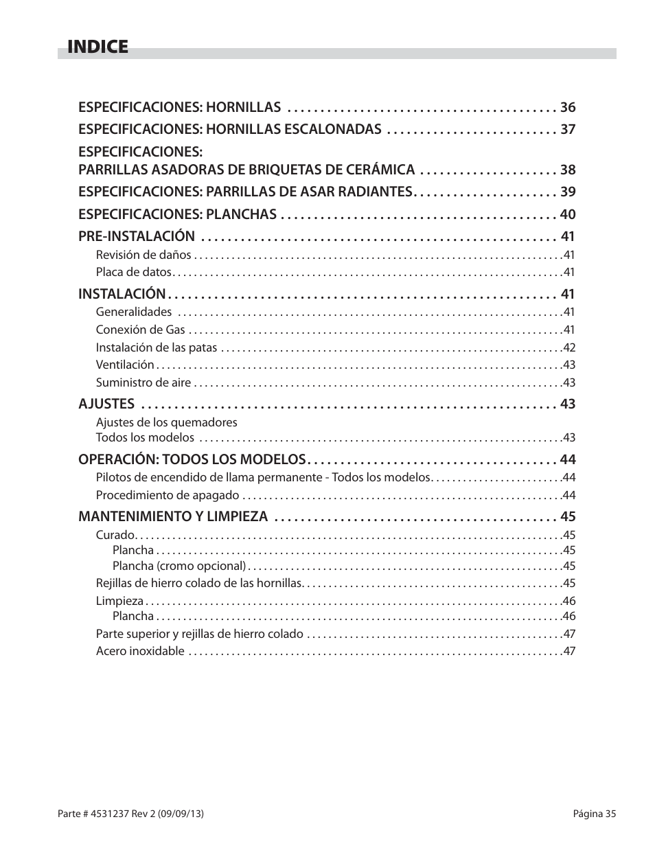 Indice | Garland GT SERIES HEAVY DUTY GAS COUNTER EQUIPMENT User Manual | Page 35 / 48