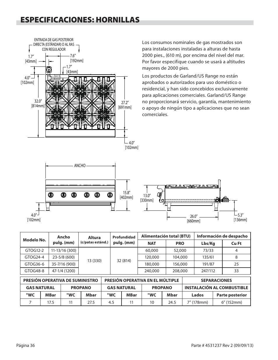 Especificaciones: hornillas | Garland GT SERIES HEAVY DUTY GAS COUNTER EQUIPMENT User Manual | Page 36 / 48