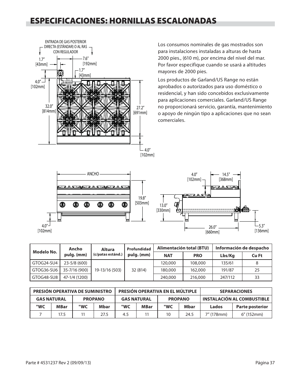 Especificaciones: hornillas escalonadas | Garland GT SERIES HEAVY DUTY GAS COUNTER EQUIPMENT User Manual | Page 37 / 48