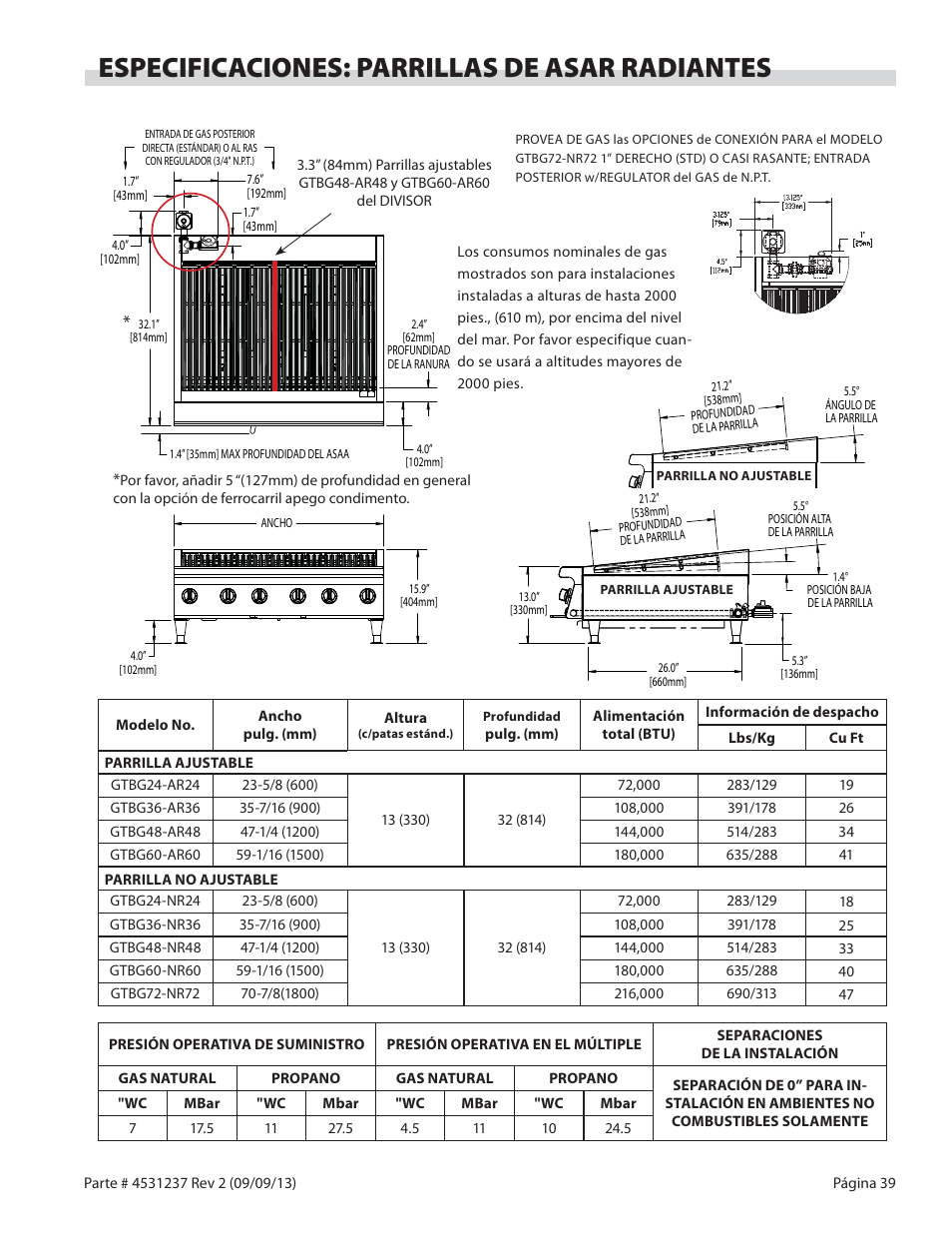Especificaciones: parrillas de asar radiantes | Garland GT SERIES HEAVY DUTY GAS COUNTER EQUIPMENT User Manual | Page 39 / 48