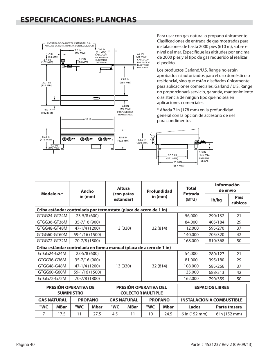 Especificaciones: planchas | Garland GT SERIES HEAVY DUTY GAS COUNTER EQUIPMENT User Manual | Page 40 / 48