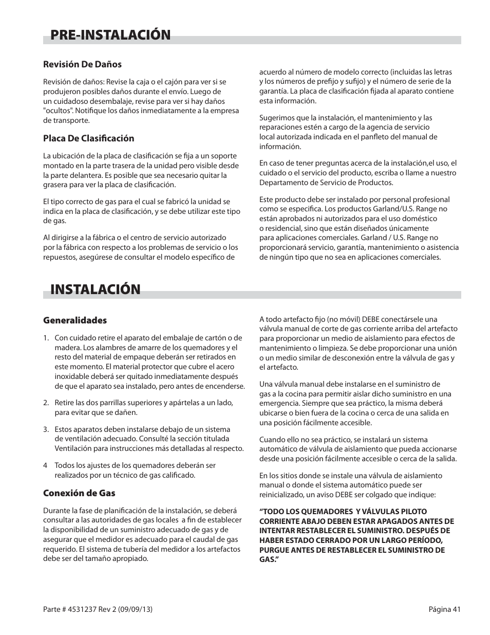 Pre-instalación instalación | Garland GT SERIES HEAVY DUTY GAS COUNTER EQUIPMENT User Manual | Page 41 / 48
