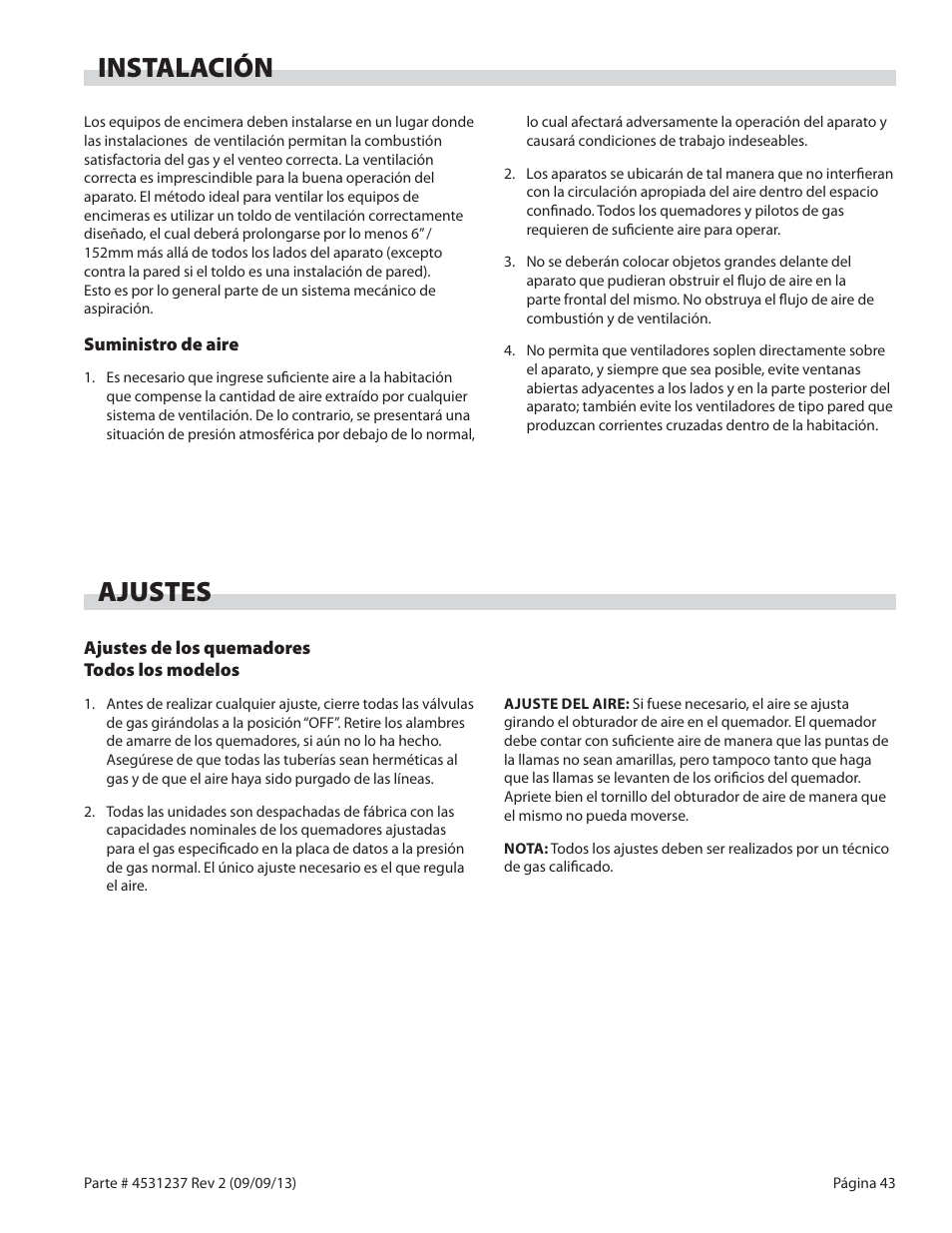 Instalación, Ajustes | Garland GT SERIES HEAVY DUTY GAS COUNTER EQUIPMENT User Manual | Page 43 / 48
