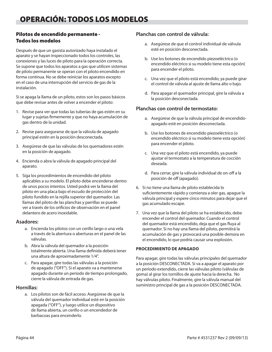 Operación: todos los modelos | Garland GT SERIES HEAVY DUTY GAS COUNTER EQUIPMENT User Manual | Page 44 / 48