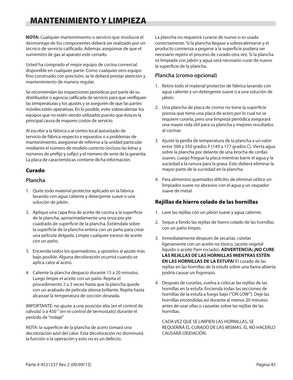 Mantenimiento y limpieza | Garland GT SERIES HEAVY DUTY GAS COUNTER EQUIPMENT User Manual | Page 45 / 48