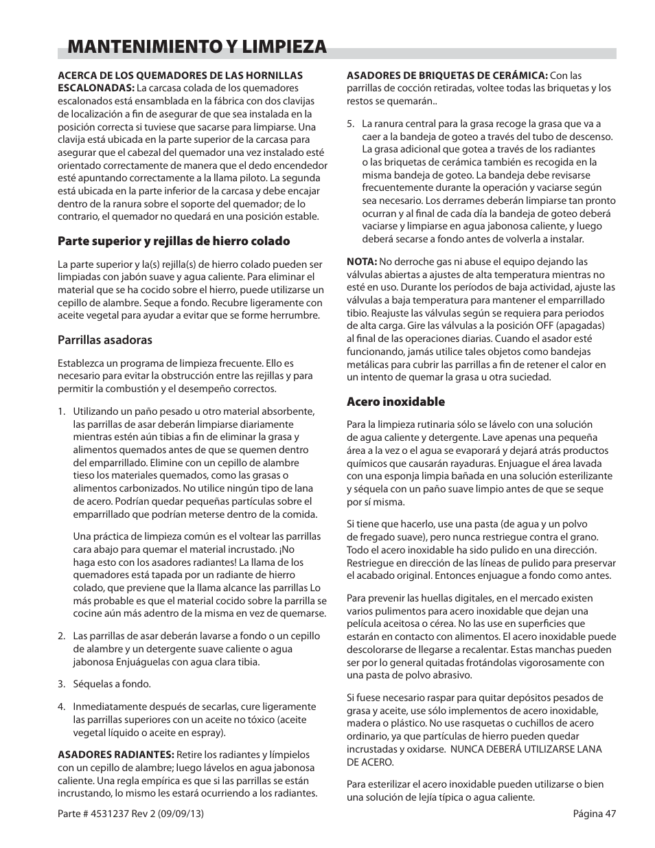 Mantenimiento y limpieza | Garland GT SERIES HEAVY DUTY GAS COUNTER EQUIPMENT User Manual | Page 47 / 48