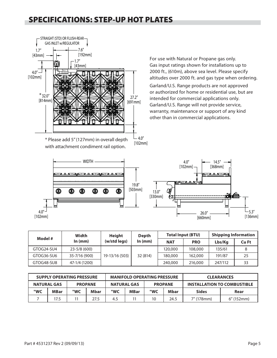 Specifications: step-up hot plates | Garland GT SERIES HEAVY DUTY GAS COUNTER EQUIPMENT User Manual | Page 5 / 48