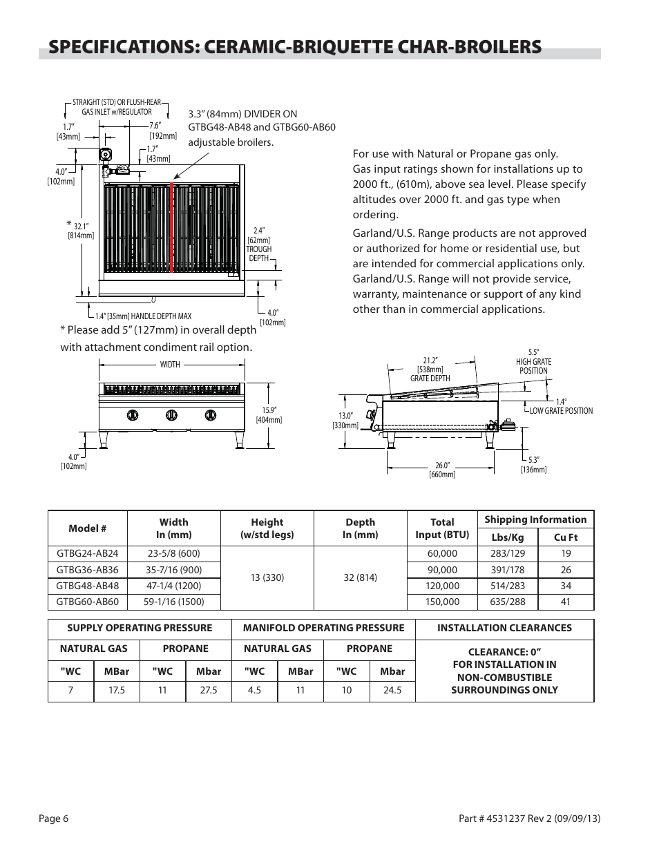 Specifications: ceramic-briquette char-broilers | Garland GT SERIES HEAVY DUTY GAS COUNTER EQUIPMENT User Manual | Page 6 / 48