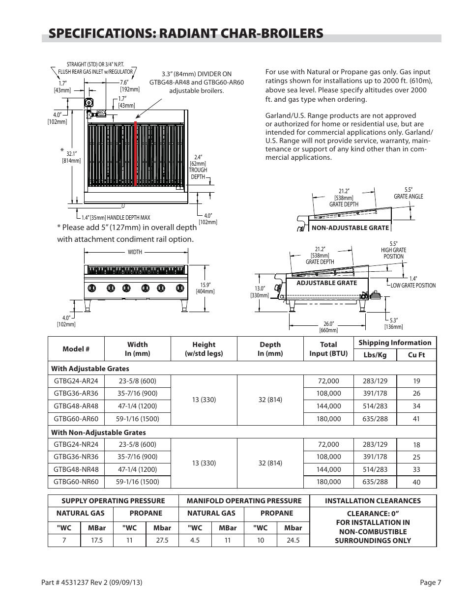 Specifications: radiant char-broilers | Garland GT SERIES HEAVY DUTY GAS COUNTER EQUIPMENT User Manual | Page 7 / 48