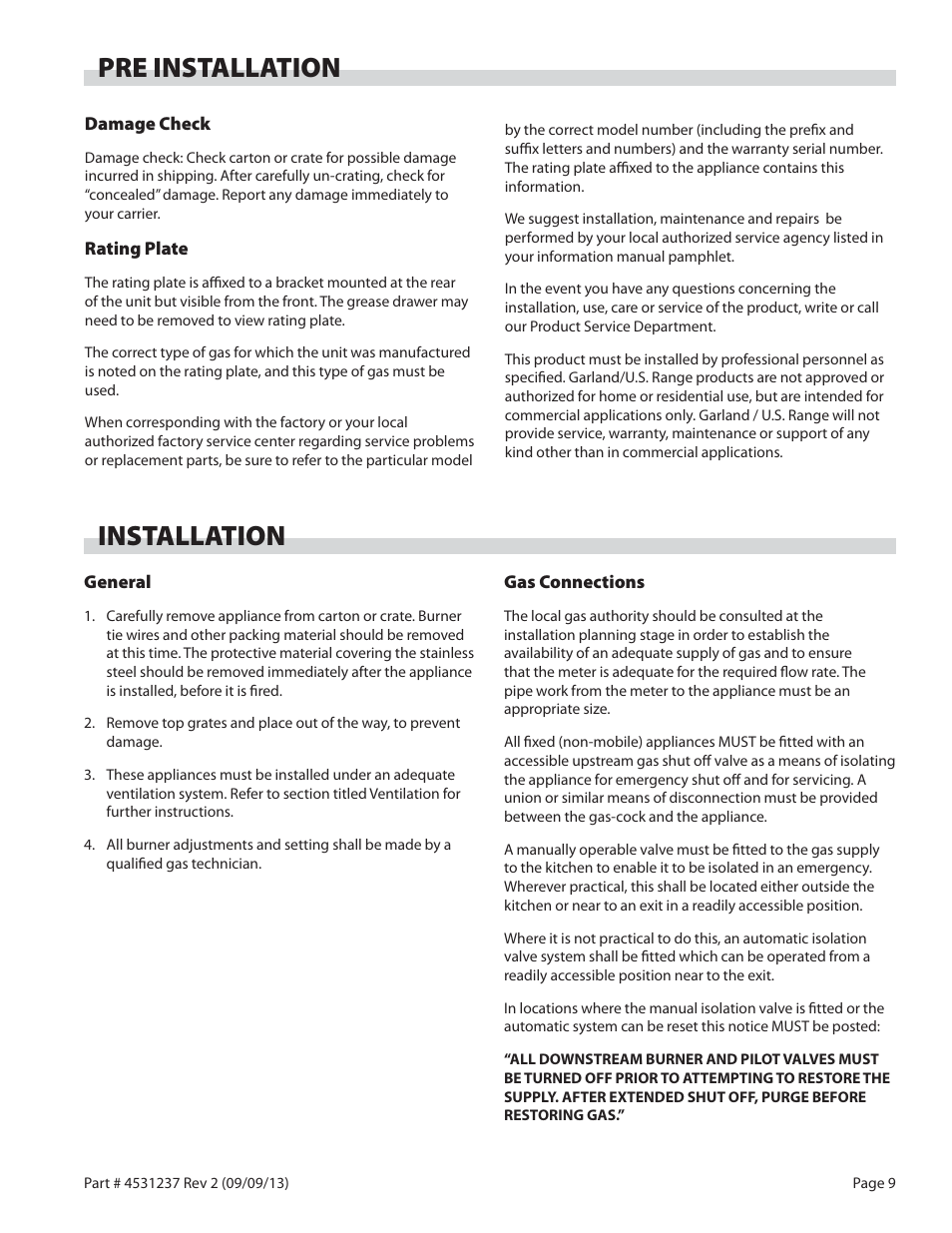 Pre installation installation | Garland GT SERIES HEAVY DUTY GAS COUNTER EQUIPMENT User Manual | Page 9 / 48