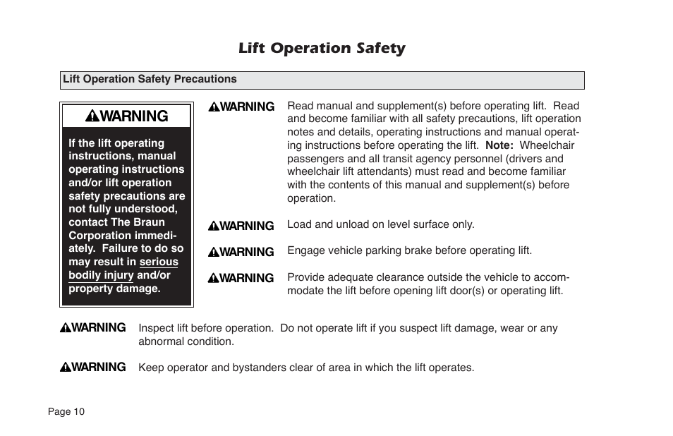 Warning, Lift operation safety | Braun NUVL855RM24 User Manual | Page 12 / 52