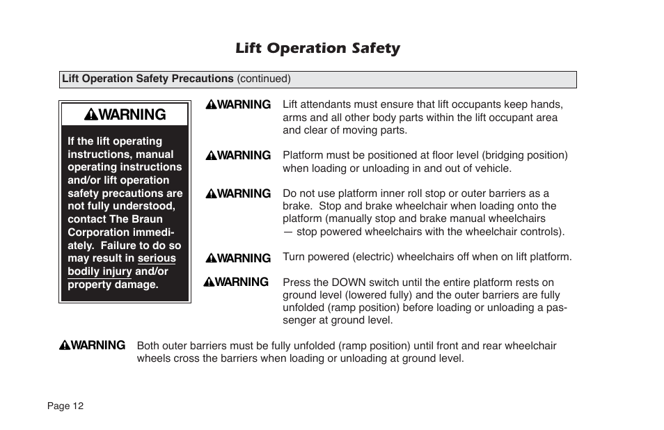 Lift operation safety, Warning | Braun NUVL855RM24 User Manual | Page 14 / 52