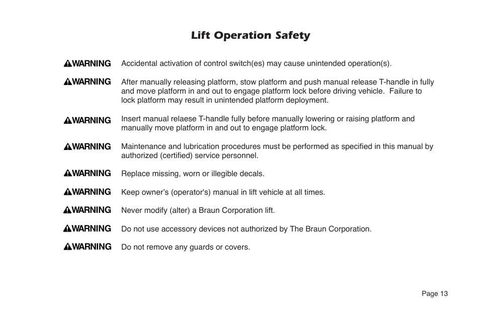 Lift operation safety | Braun NUVL855RM24 User Manual | Page 15 / 52