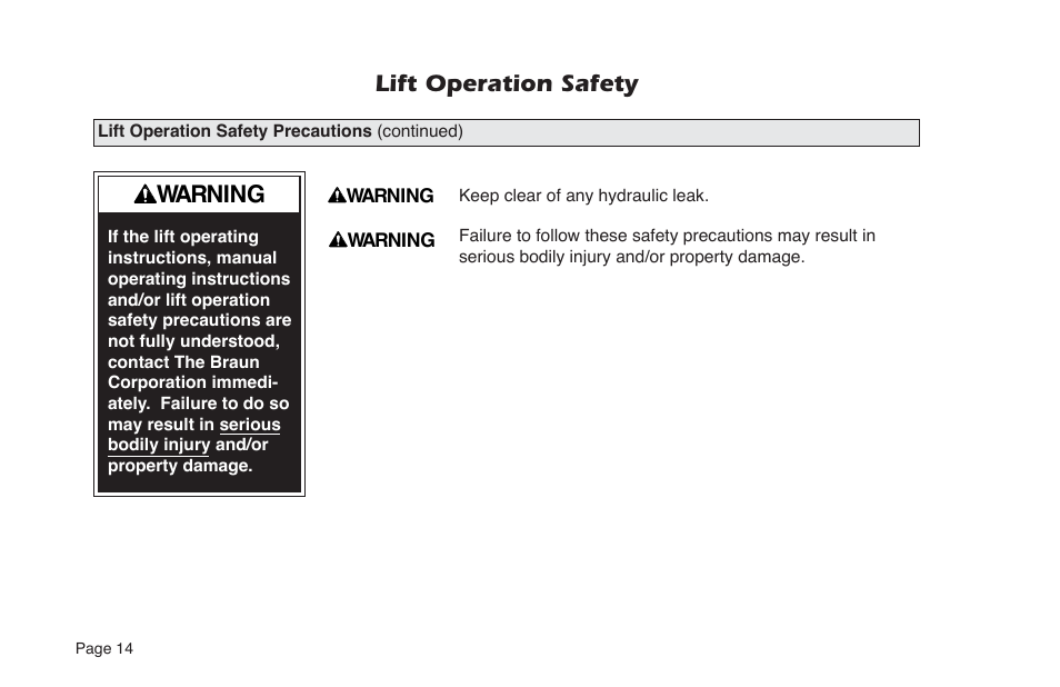 Lift operation safety warning | Braun NUVL855RM24 User Manual | Page 16 / 52