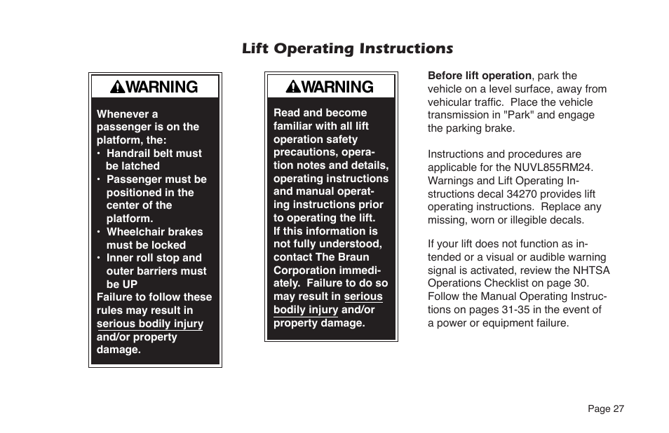 Warning, Lift operating instructions | Braun NUVL855RM24 User Manual | Page 29 / 52