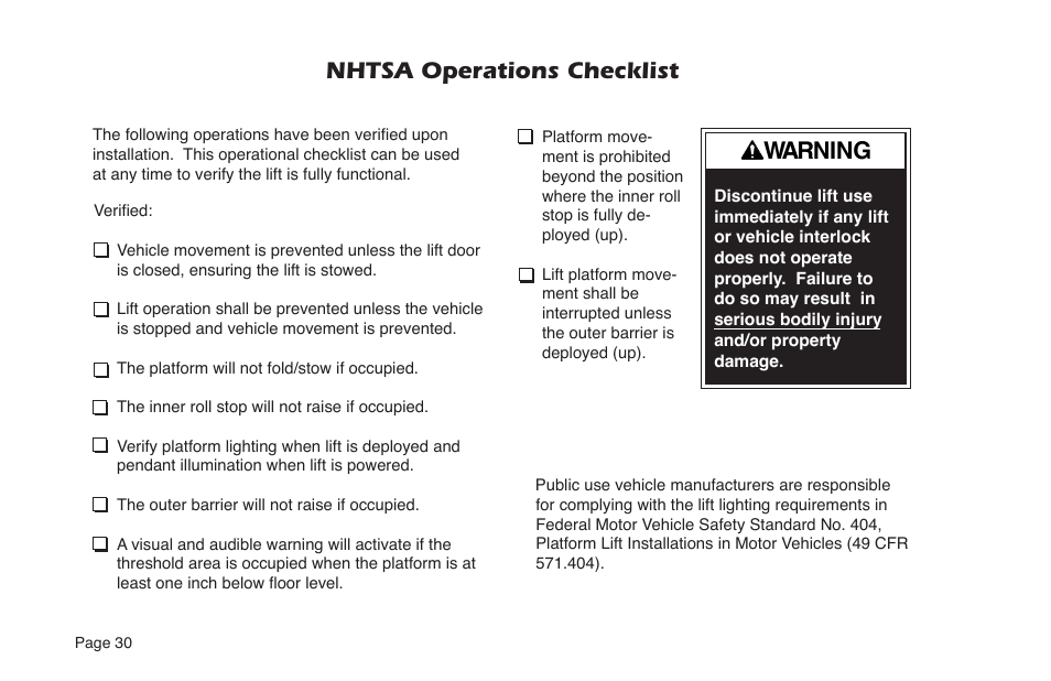 Nhtsa operations checklist warning | Braun NUVL855RM24 User Manual | Page 32 / 52