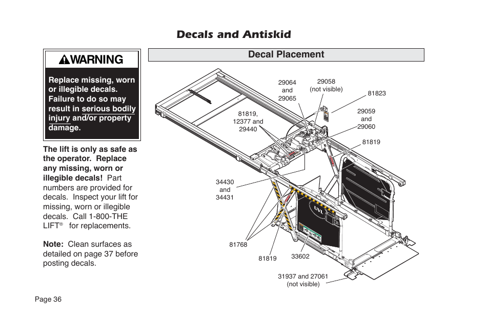 Warning, Decals and antiskid, Decal placement | Braun NUVL855RM24 User Manual | Page 38 / 52