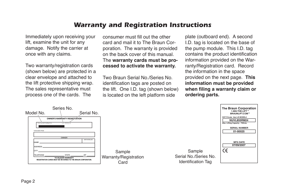 Warranty and registration instructions, Page 2, Sample serial no./series no. identification tag | Braun NUVL855RM24 User Manual | Page 4 / 52