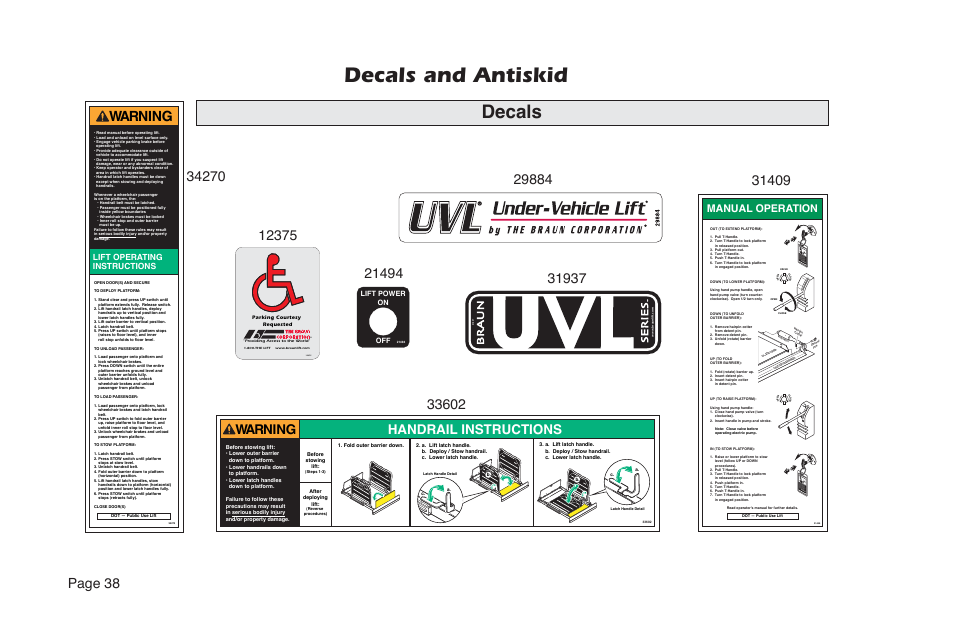 Decals and antiskid, Decals, Page 38 | Warning, Handrail instructions | Braun NUVL855RM24 User Manual | Page 40 / 52