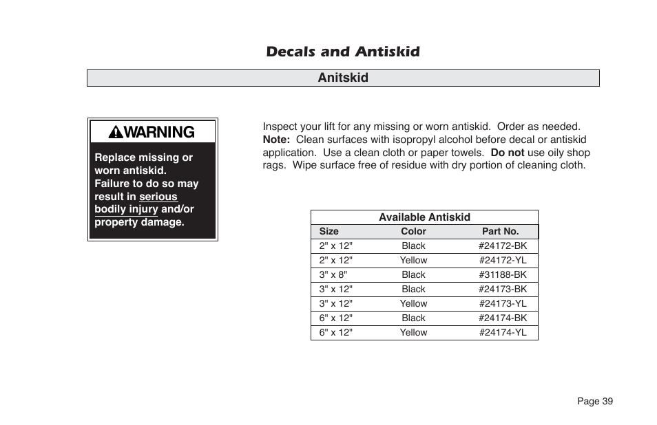 Warning, Decals and antiskid, Anitskid | Braun NUVL855RM24 User Manual | Page 41 / 52