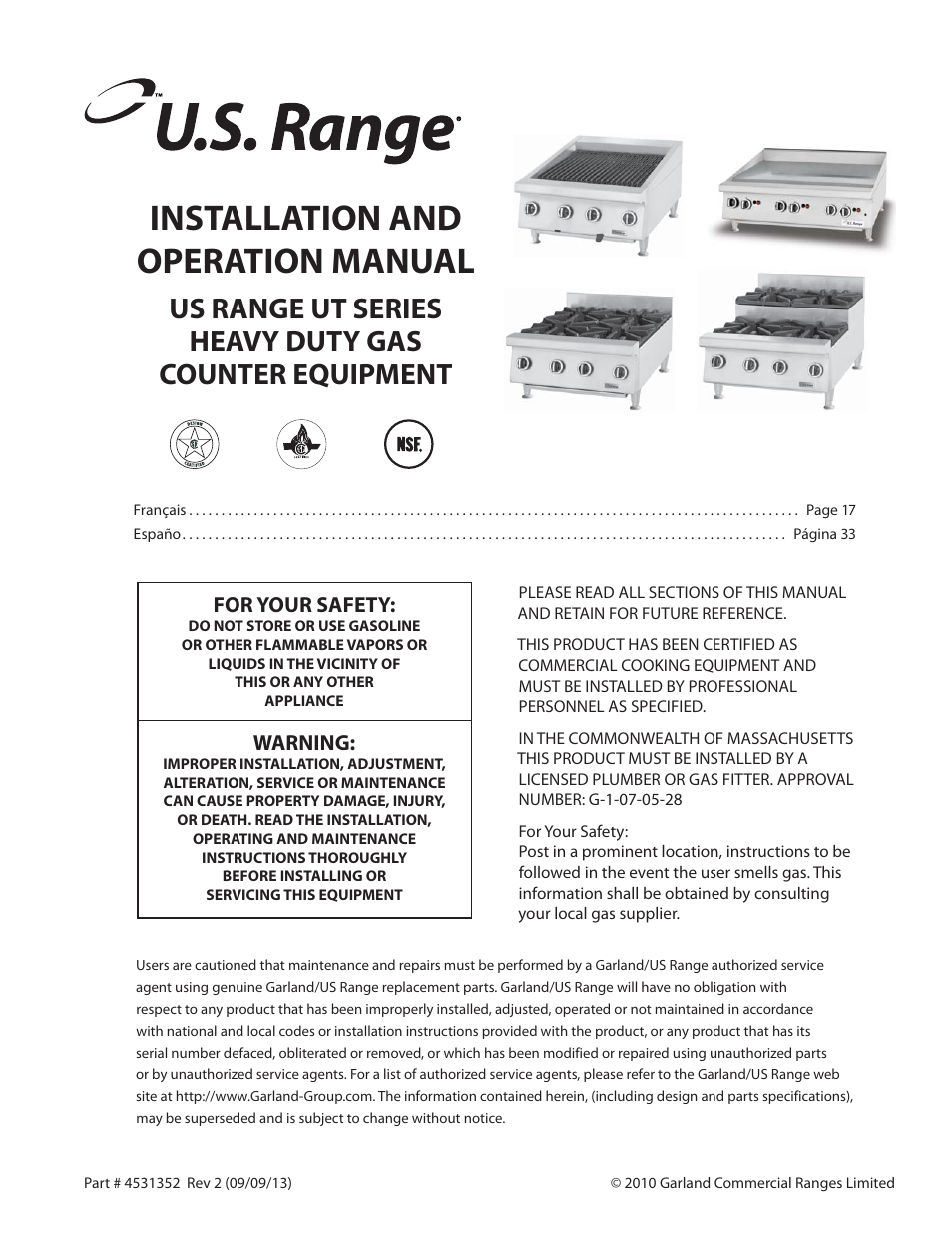 Garland US RANGE UT SERIES HEAVY DUTY GAS COUNTER EQUIPMENT User Manual | 48 pages