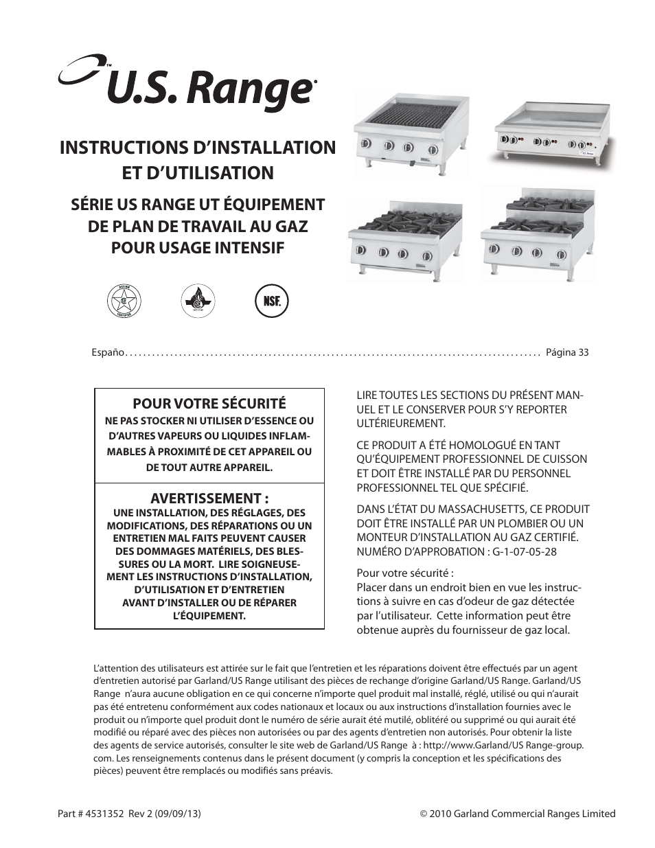 Instructions d’installation et d’utilisation | Garland US RANGE UT SERIES HEAVY DUTY GAS COUNTER EQUIPMENT User Manual | Page 17 / 48