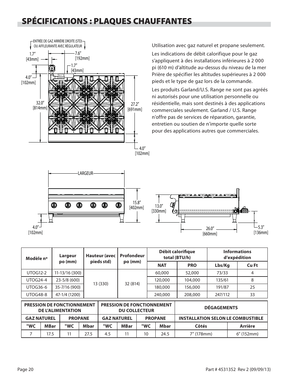 Spécifications : plaques chauffantes | Garland US RANGE UT SERIES HEAVY DUTY GAS COUNTER EQUIPMENT User Manual | Page 20 / 48