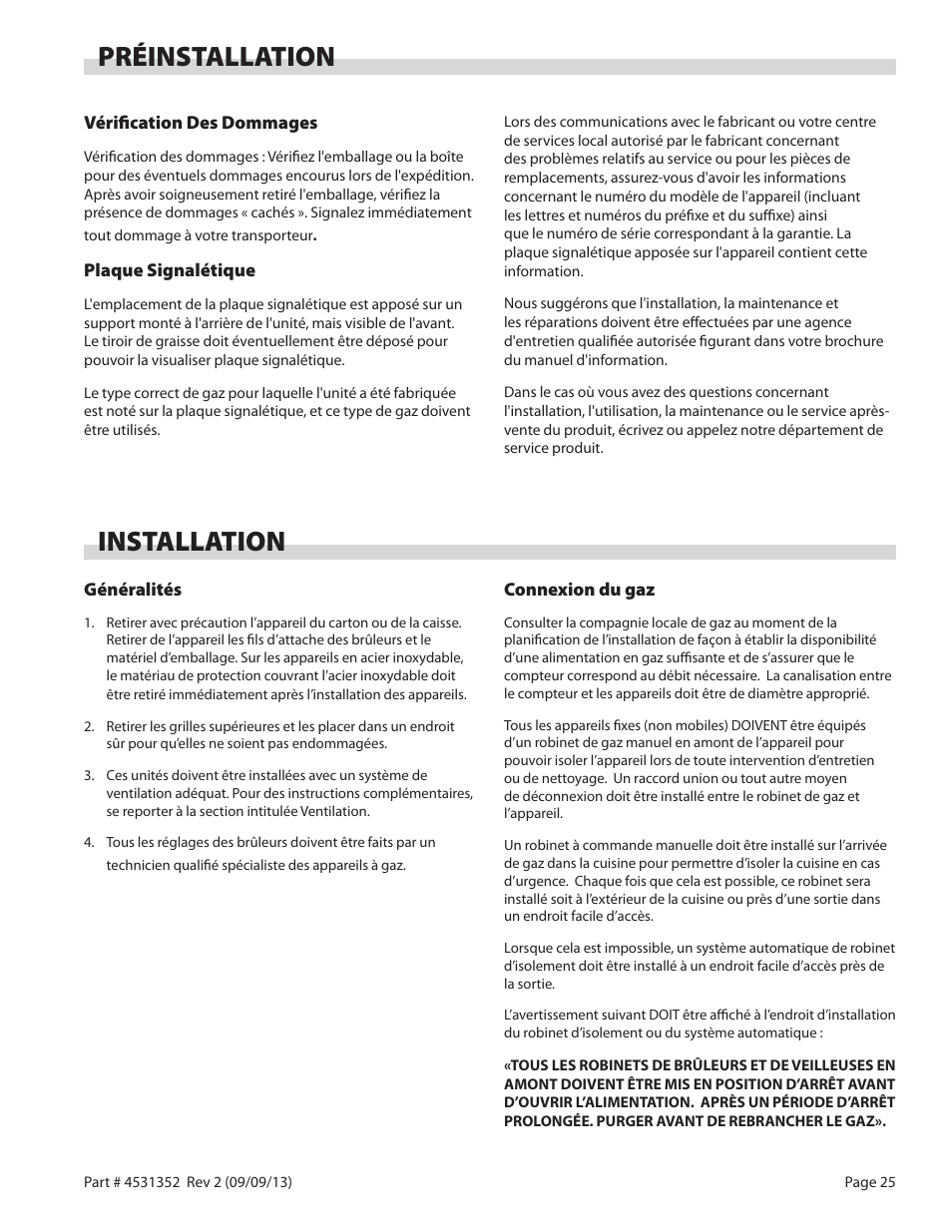 Préinstallation installation | Garland US RANGE UT SERIES HEAVY DUTY GAS COUNTER EQUIPMENT User Manual | Page 25 / 48