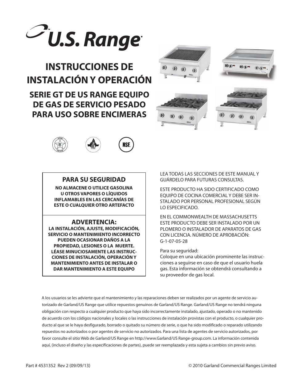 Instrucciones de instalación y operación, Para su seguridad, Advertencia | Garland US RANGE UT SERIES HEAVY DUTY GAS COUNTER EQUIPMENT User Manual | Page 33 / 48