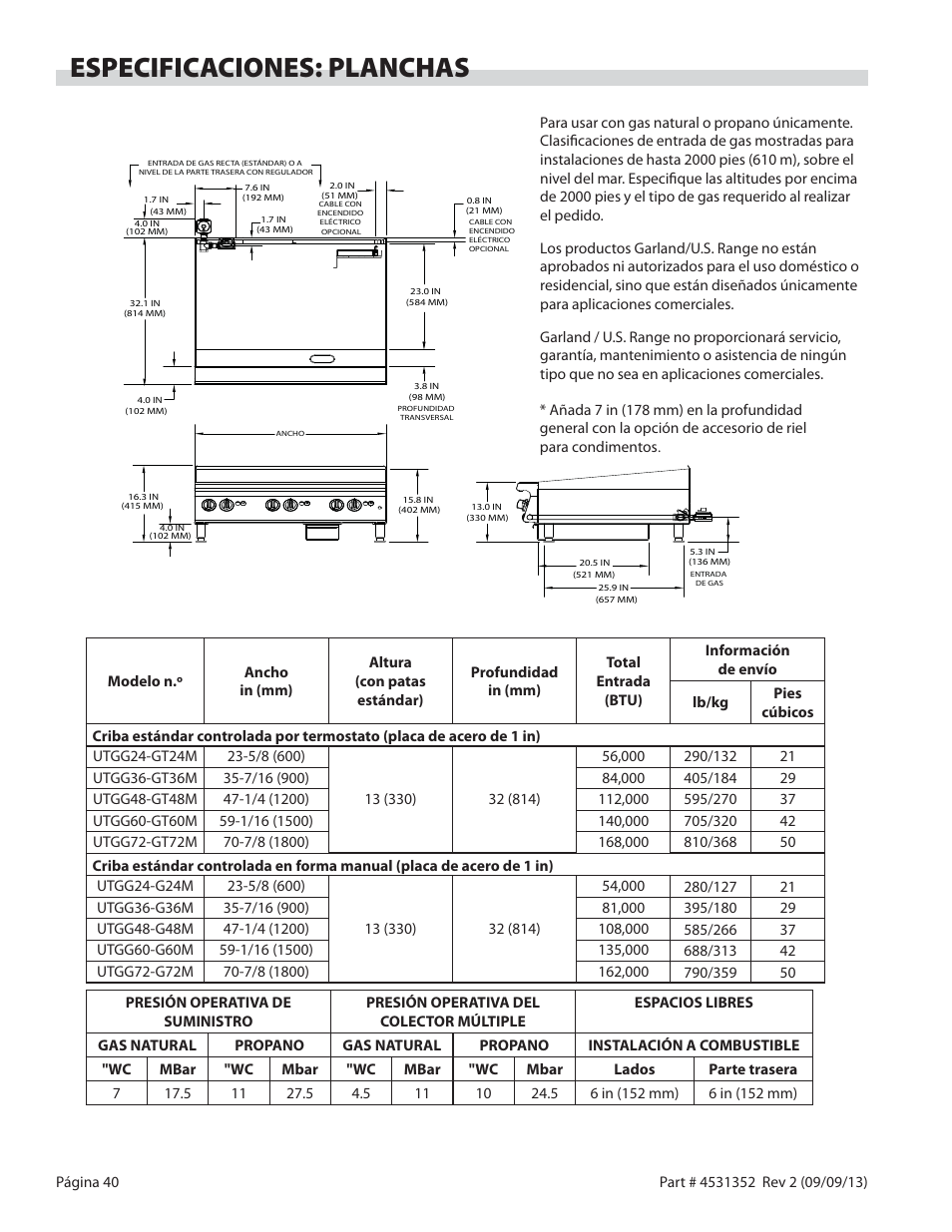 Especificaciones: planchas | Garland US RANGE UT SERIES HEAVY DUTY GAS COUNTER EQUIPMENT User Manual | Page 40 / 48