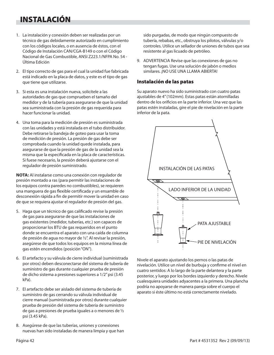 Instalación | Garland US RANGE UT SERIES HEAVY DUTY GAS COUNTER EQUIPMENT User Manual | Page 42 / 48