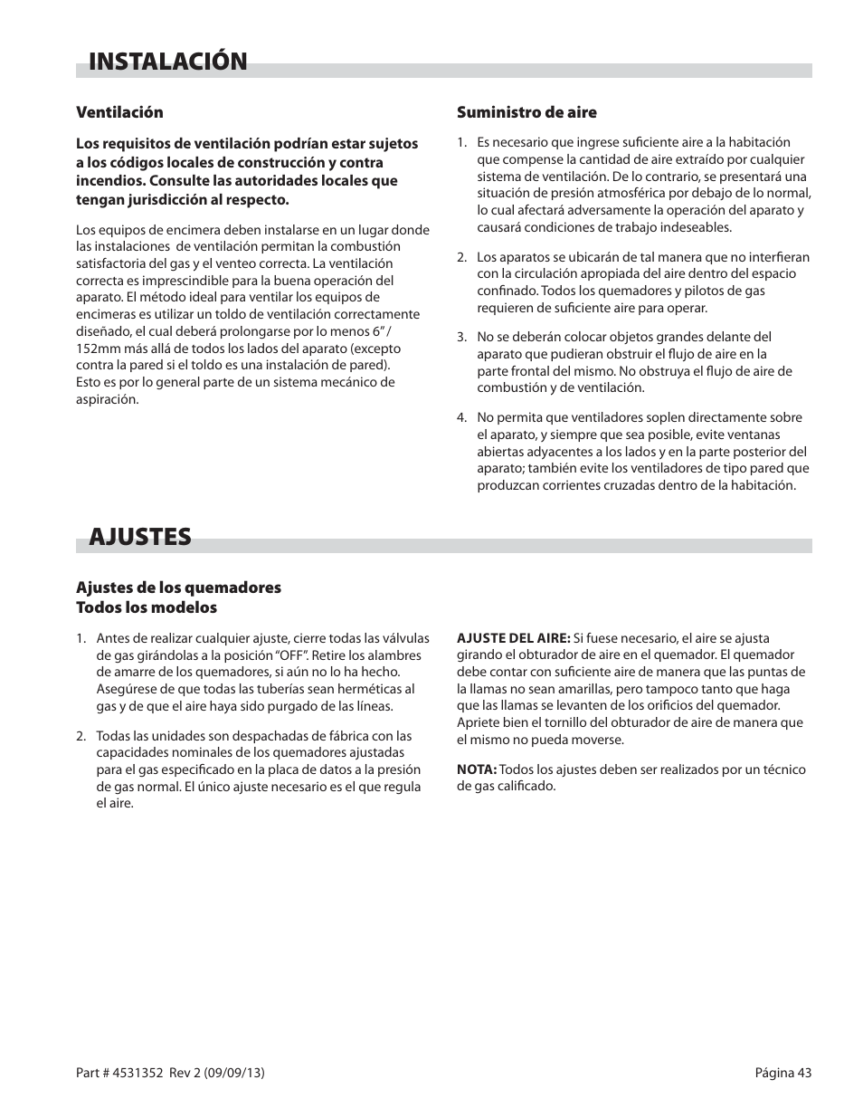 Instalación, Ajustes | Garland US RANGE UT SERIES HEAVY DUTY GAS COUNTER EQUIPMENT User Manual | Page 43 / 48