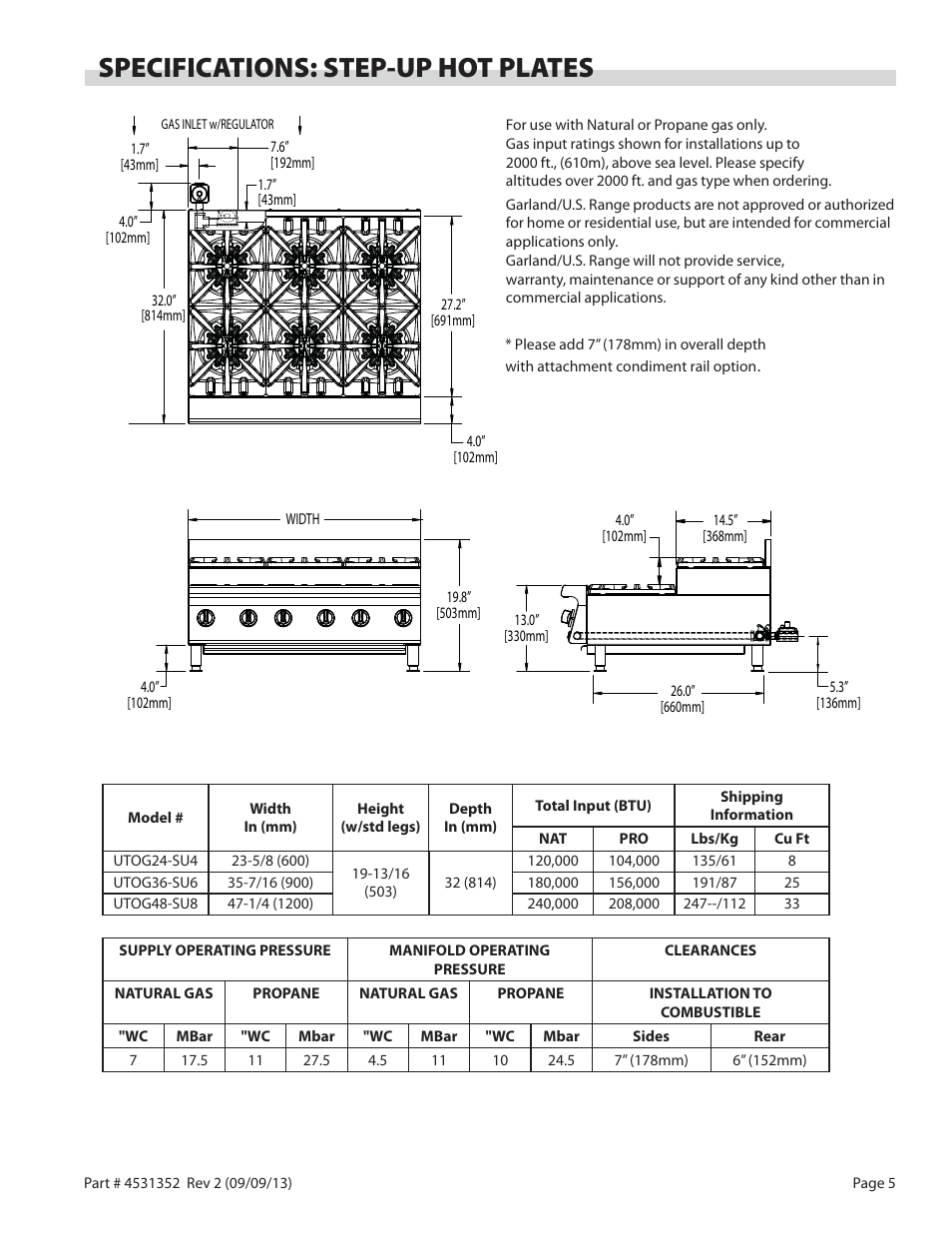 Specifications: step-up hot plates | Garland US RANGE UT SERIES HEAVY DUTY GAS COUNTER EQUIPMENT User Manual | Page 5 / 48
